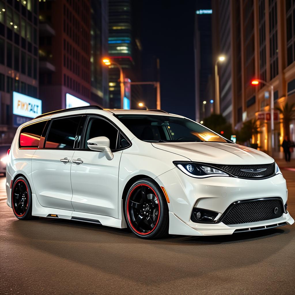 A striking 2023 Chrysler Pacifica transformed with a wide body SRT Hellcat-inspired body kit, showcasing an aggressive and muscular design