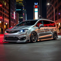 A striking 2023 Chrysler Pacifica transformed with a wide body SRT Hellcat-inspired body kit, showcasing an aggressive and muscular design