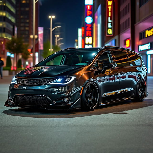 A striking 2023 Chrysler Pacifica transformed with a wide body SRT Hellcat-inspired body kit, showcasing an aggressive and muscular design