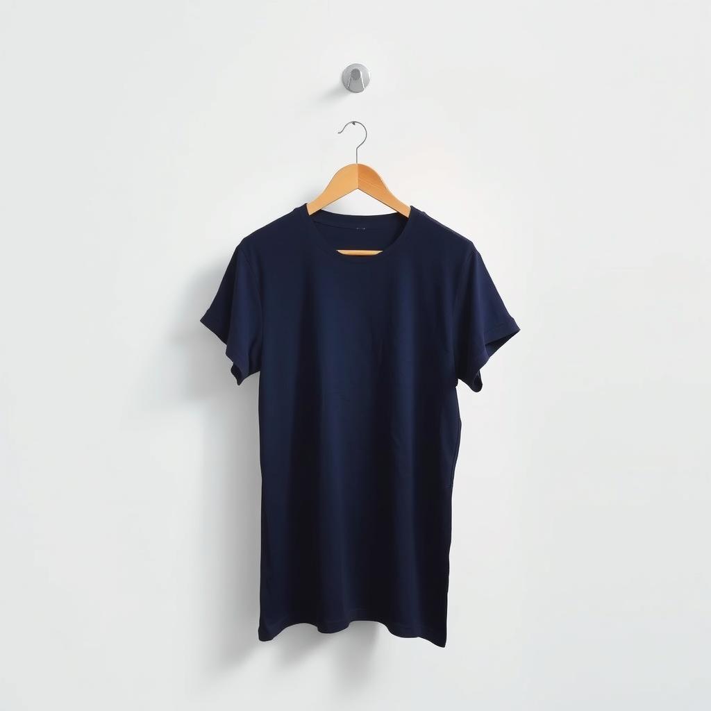 A plain navy blue t-shirt hanging on a stylish wooden hanger against a minimalist white backdrop