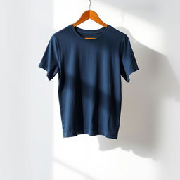 A plain navy blue t-shirt hanging on a stylish wooden hanger against a minimalist white backdrop