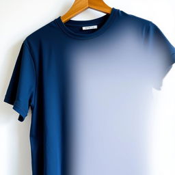 A plain navy blue t-shirt hanging on a stylish wooden hanger against a minimalist white backdrop