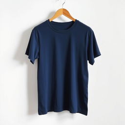 A plain navy blue t-shirt hanging on a stylish wooden hanger against a minimalist white backdrop