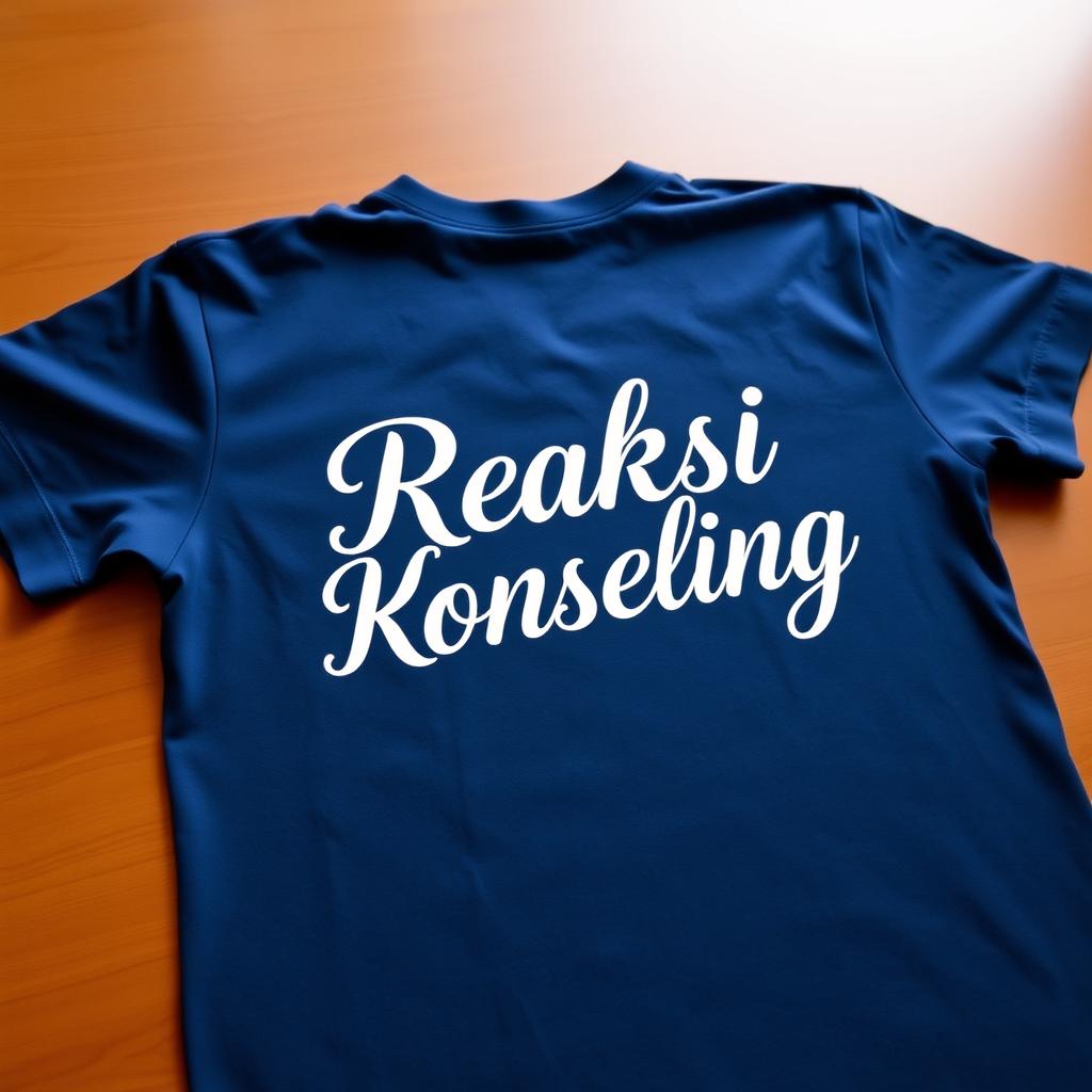 A navy blue t-shirt with white lettering on the back that says "Reaksi Konseling"