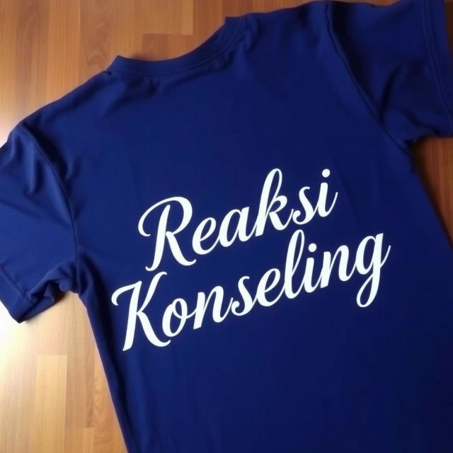 A navy blue t-shirt with white lettering on the back that says "Reaksi Konseling"