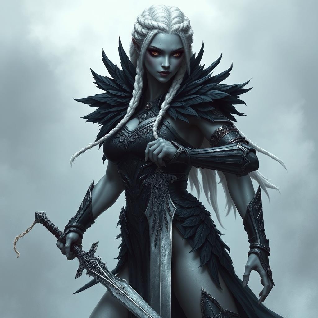 A Shadar-kai female with dark eyes and white braided hair, standing in a fighting stance as an eldritch knight