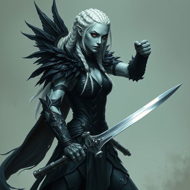 A Shadar-kai female with dark eyes and white braided hair, standing in a fighting stance as an eldritch knight