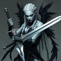 A Shadar-kai female with dark eyes and white braided hair, standing in a fighting stance as an eldritch knight