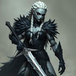 A Shadar-kai female with dark eyes and white braided hair, standing in a fighting stance as an eldritch knight