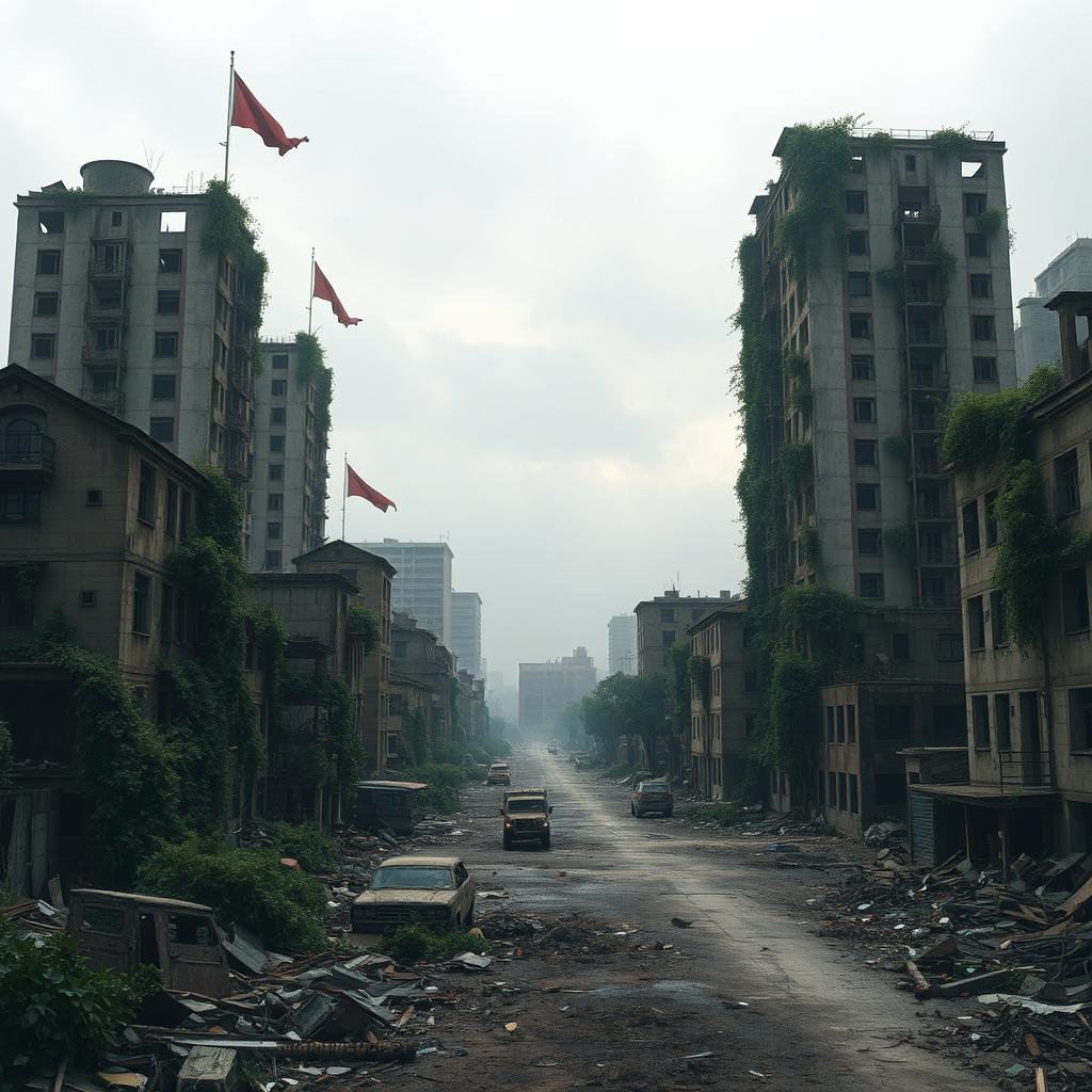 A haunting yet captivating scene depicting an abandoned town, with the ruins of a once-thriving city damaged by war