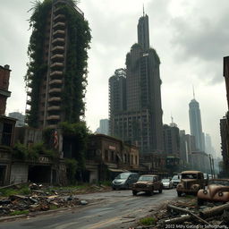 A haunting yet captivating scene depicting an abandoned town, with the ruins of a once-thriving city damaged by war