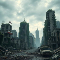 A haunting yet captivating scene depicting an abandoned town, with the ruins of a once-thriving city damaged by war