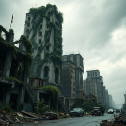 A haunting yet captivating scene depicting an abandoned town, with the ruins of a once-thriving city damaged by war