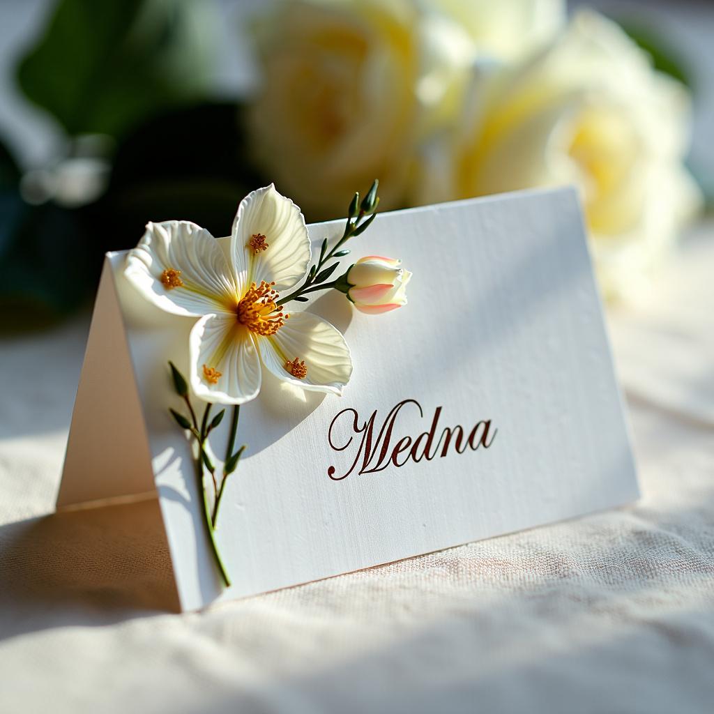 A refined and elegant place card design featuring intricately detailed white dainty flowers