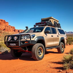 A rugged and adventurous Toyota Hilux converted into an overland vehicle, perfectly suited for the harsh and breathtaking landscapes of the Australian outback