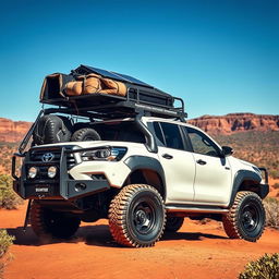 A rugged and adventurous Toyota Hilux converted into an overland vehicle, perfectly suited for the harsh and breathtaking landscapes of the Australian outback