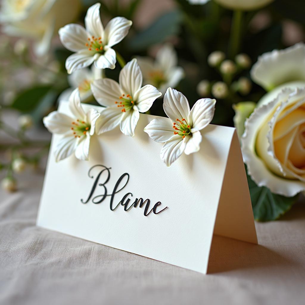 A refined and elegant place card design featuring intricately detailed white dainty flowers