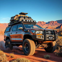 A rugged and adventurous N70 Toyota Hilux converted into an overland vehicle, designed for exploring the challenging terrains of the Australian outback