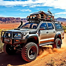 A rugged and adventurous N70 Toyota Hilux converted into an overland vehicle, designed for exploring the challenging terrains of the Australian outback