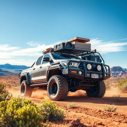 A rugged and adventurous N70 Toyota Hilux converted into an overland vehicle, designed for exploring the challenging terrains of the Australian outback