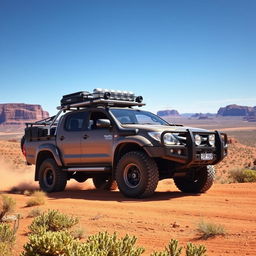 A rugged and adventurous N70 Toyota Hilux converted into an overland vehicle, designed for exploring the challenging terrains of the Australian outback