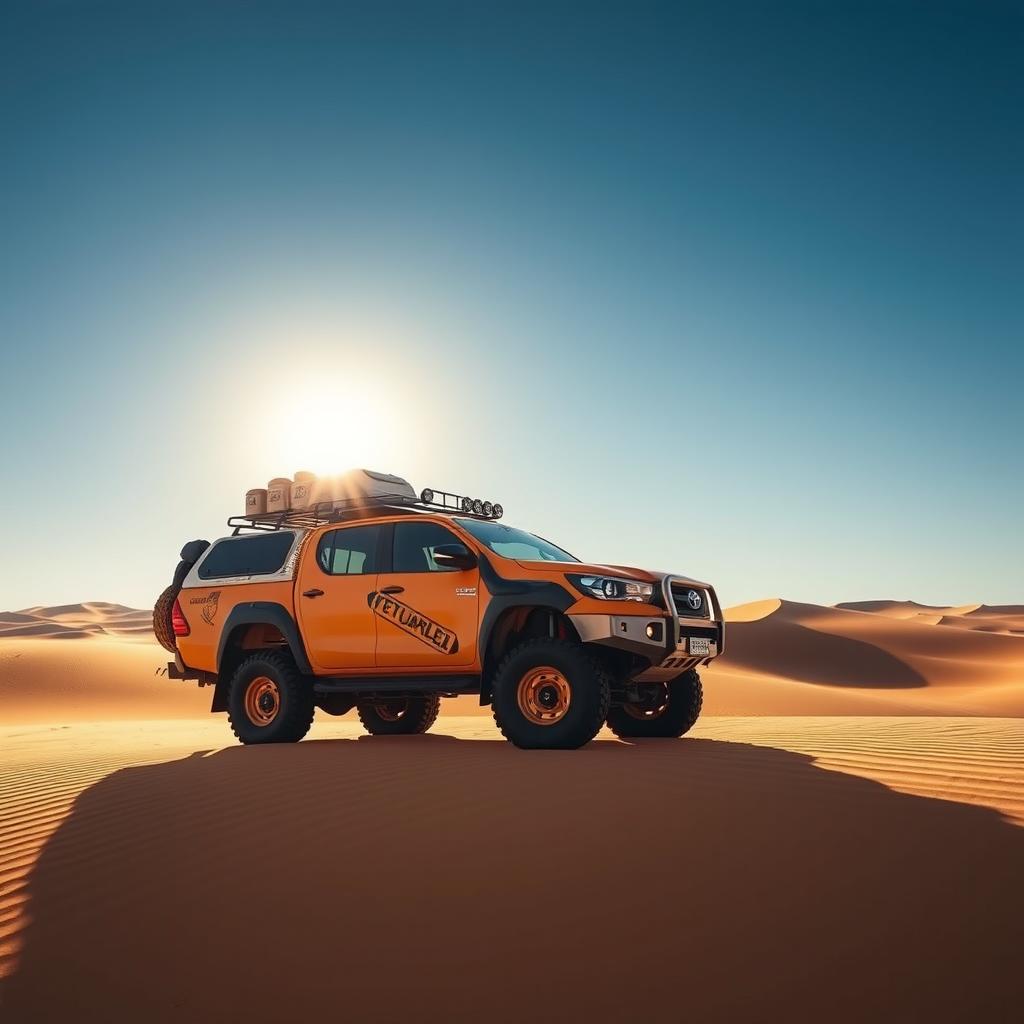 An adventurous and durable N70 Toyota Hilux transformed into an overland vehicle, designed to tackle the vast and challenging sands of the Sahara Desert