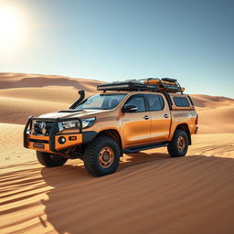 An adventurous and durable N70 Toyota Hilux transformed into an overland vehicle, designed to tackle the vast and challenging sands of the Sahara Desert