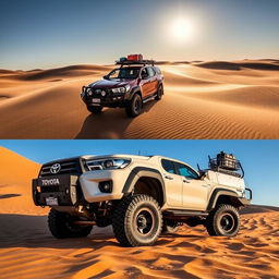 An adventurous and durable N70 Toyota Hilux transformed into an overland vehicle, designed to tackle the vast and challenging sands of the Sahara Desert