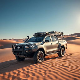 An adventurous and durable N70 Toyota Hilux transformed into an overland vehicle, designed to tackle the vast and challenging sands of the Sahara Desert