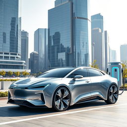 A futuristic electric sedan from 2024, featuring a sleek aerodynamic body design with smooth curves and sharp angles