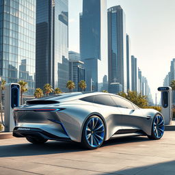 A futuristic electric sedan from 2024, featuring a sleek aerodynamic body design with smooth curves and sharp angles