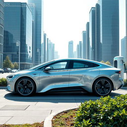 A futuristic electric sedan from 2024, featuring a sleek aerodynamic body design with smooth curves and sharp angles