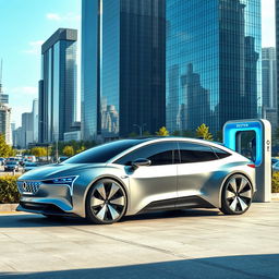 A futuristic electric sedan from 2024, featuring a sleek aerodynamic body design with smooth curves and sharp angles