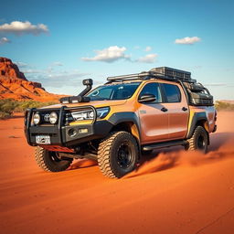 A robust Toyota Hilux transformed into a powerful overland vehicle, ready to conquer the rugged terrains of the Australian outback