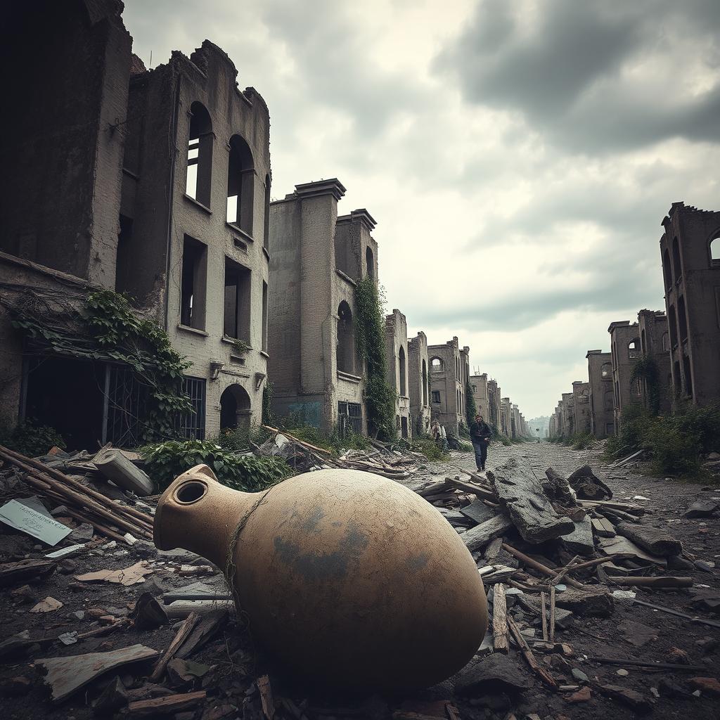 A striking and evocative scene of an abandoned town, showcasing the ruins of a city ravaged by war