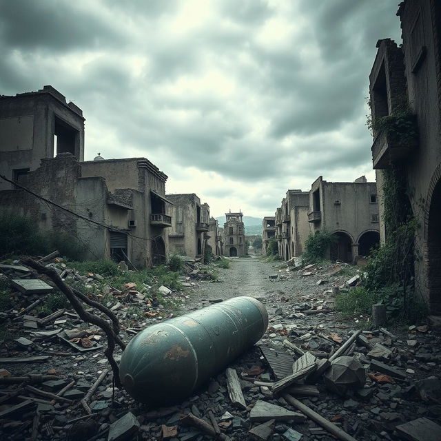 A striking and evocative scene of an abandoned town, showcasing the ruins of a city ravaged by war