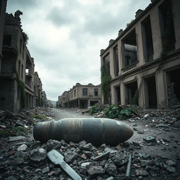 A striking and evocative scene of an abandoned town, showcasing the ruins of a city ravaged by war