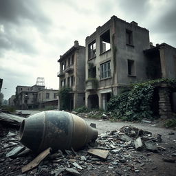 A striking and evocative scene of an abandoned town, showcasing the ruins of a city ravaged by war