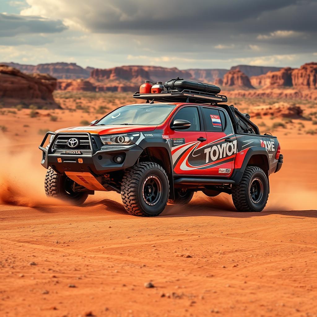 A high-performance Toyota Hilux transformed into an overland Dakar rally car, optimized for the rugged terrains of the Australian outback