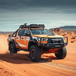 A high-performance Toyota Hilux transformed into an overland Dakar rally car, optimized for the rugged terrains of the Australian outback