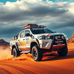 A high-performance Toyota Hilux transformed into an overland Dakar rally car, optimized for the rugged terrains of the Australian outback