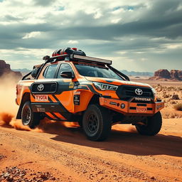 A high-performance Toyota Hilux transformed into an overland Dakar rally car, optimized for the rugged terrains of the Australian outback