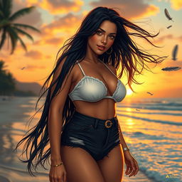 A steampunk impressionism style depiction of a Colombian girl, 25 years old, with long black hair flowing in the wind