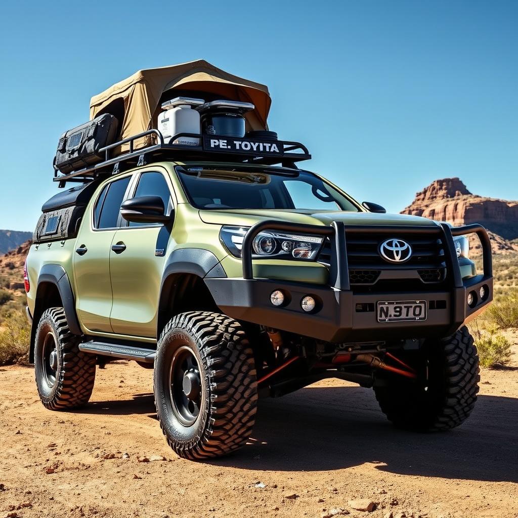 A rugged N70 Toyota Hilux reimagined as a fully equipped overland vehicle, perfect for off-road adventures