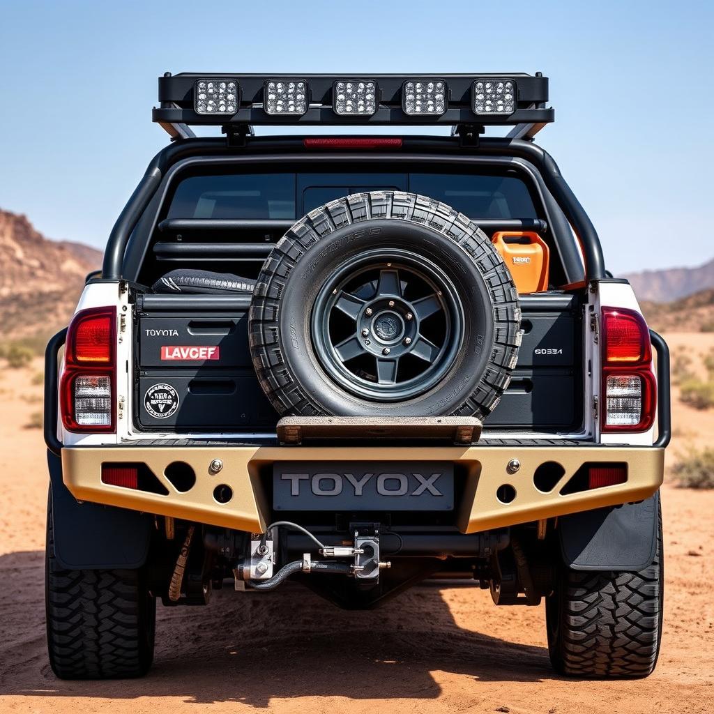 The rear view of a custom N70 Toyota Hilux, meticulously designed for overland expeditions