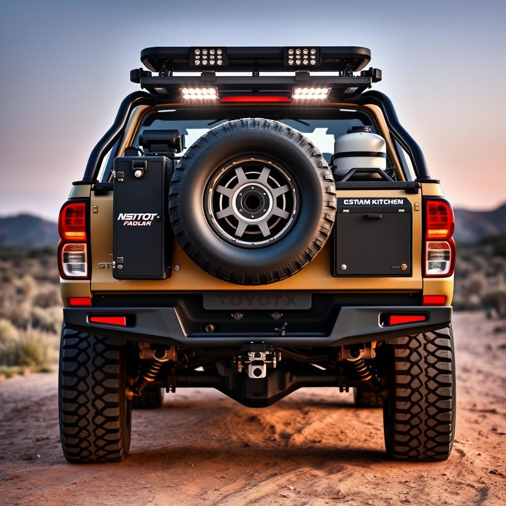 The back quarter view of a custom N70 Toyota Hilux, meticulously prepared for overland expeditions