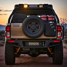 The back quarter view of a custom N70 Toyota Hilux, meticulously prepared for overland expeditions