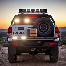 The back quarter view of a custom N70 Toyota Hilux, meticulously prepared for overland expeditions