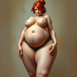 A realistic depiction of a red-haired girl with a voluptuous figure, featuring thick thighs and large breasts