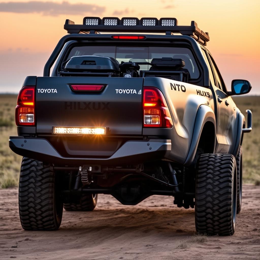 A dynamic rear quarter angle view of a robust N70 Toyota Hilux optimized for overland journeys